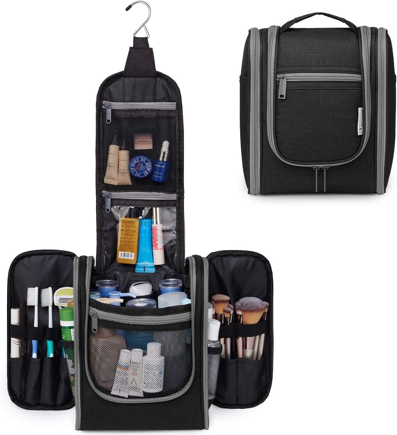 Narwey Hanging Travel Toiletry Bag Cosmetic Make up Organizer for Women and Men (Medium, Black)