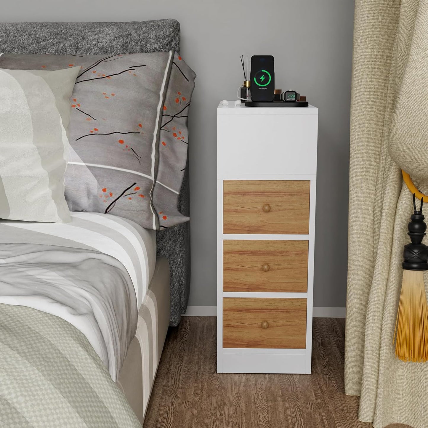 Set of 2 Narrow Bedside Table with USB Sockets and Ports, Bedside Table with Day Compartments and Drawer, Space-Saving Night Table for Bedroom Living Room, 45 x 25 x 70 cm, Narrow Bedside Tables in