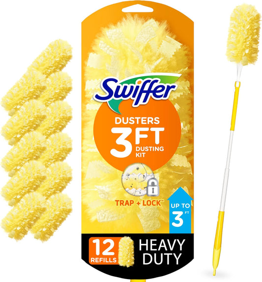Swiffer Dusters Heavy Duty Extender Handle Starter Kit (1 Handle, 12 Dusters)