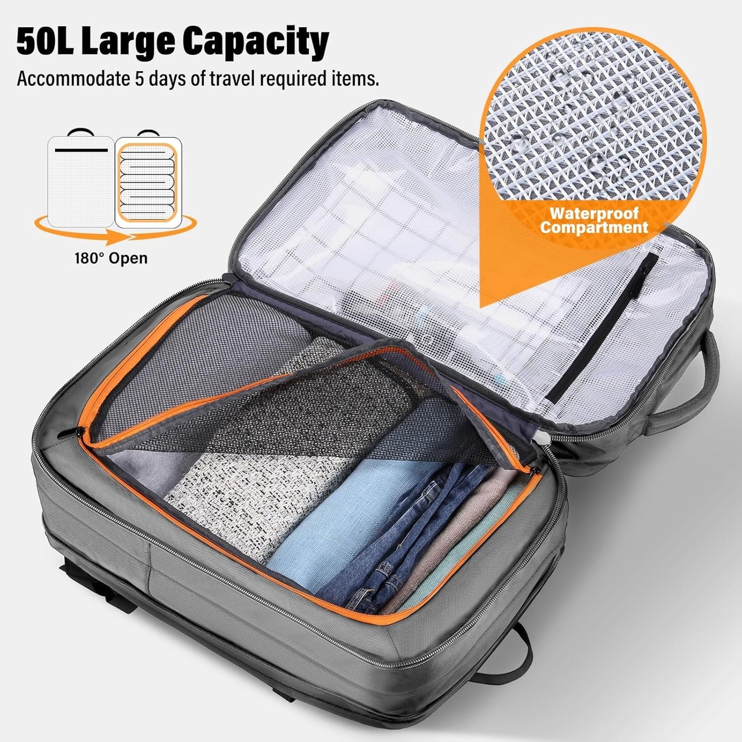 HOMIEE 50L Expandable Travel Laptop Backpack, Flight Approved Carry-On Luggage Backpack, 17.3 Inch Water Resistant Backpack (Grey)