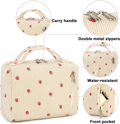 Bluboon Makeup Bag Zipper Pouch Travel Portable Cosmetic Bag Organizer for Women and Girls, Beige Strawberry Corduroy, Strawberry Corduroy Beige Cosmetic Bag