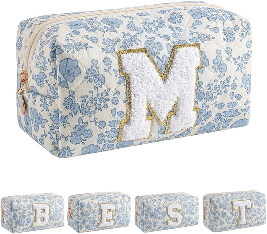 JOVAKIT Alphabet Makeup Bag Cosmetic Bag for Women, Christmas Gifts for Girls Age 6-18, Floral Flowers Coquette Travel Toiletry Zipper Make Up Pouch Organizer Trendy Stuff (Blue Floral M)