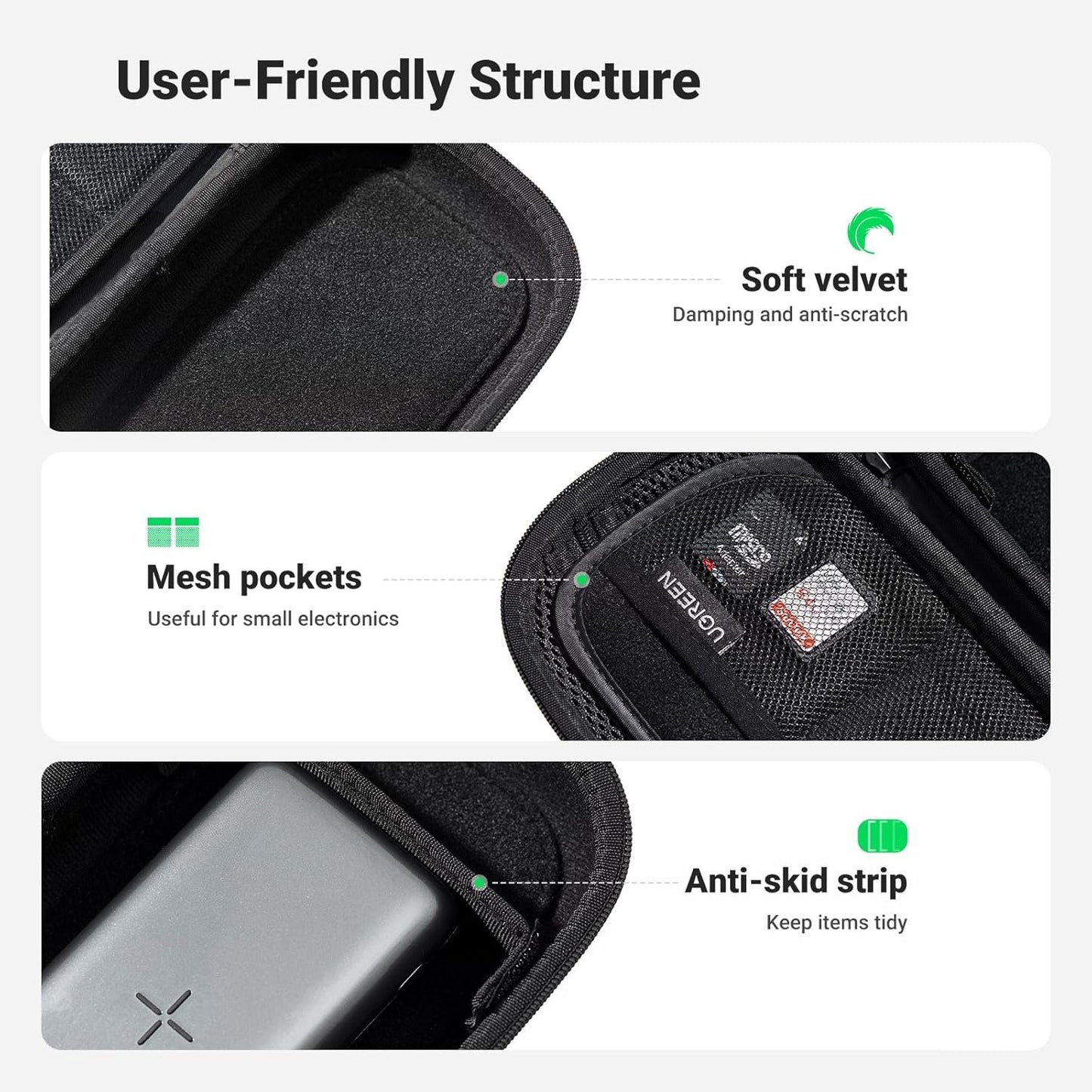 UGREEN Travel Case Gadget Bag, Portable Electronics Accessories Organiser, Cable Tidy Storage Box Pouch, with Double Layer, Zipper, Snap Hook, Carrying Strap, Small, Black