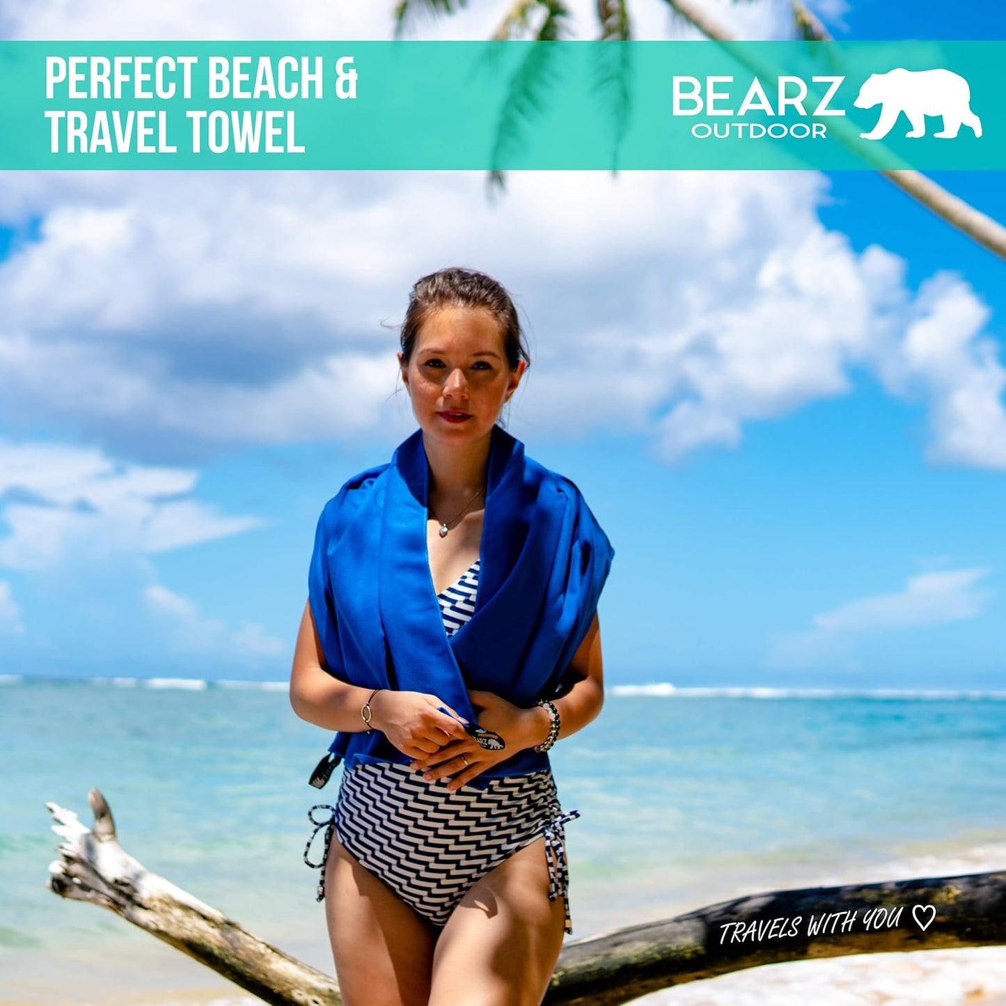 BEARZ Outdoor Microfiber Towel Set for Travel & Sports. Compact & Absorbent Cloth for Camping Swimming Beach Gym Yoga Golf. Gear w/Bag Water Resistant Pocket Carabiner Face Cloth