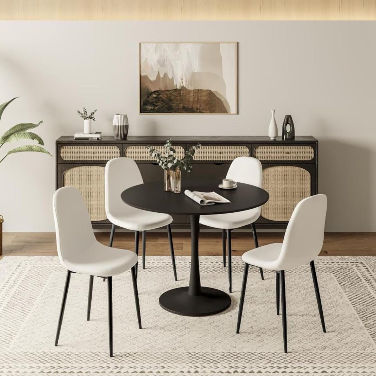 Aykah 35 Inch Round Black Dining Table for 4 - Manufactured Wood Top Round Dining Table - Saves Space with Metal Pedestal Base for Dining Room, Kitchen, Living Room (Black)