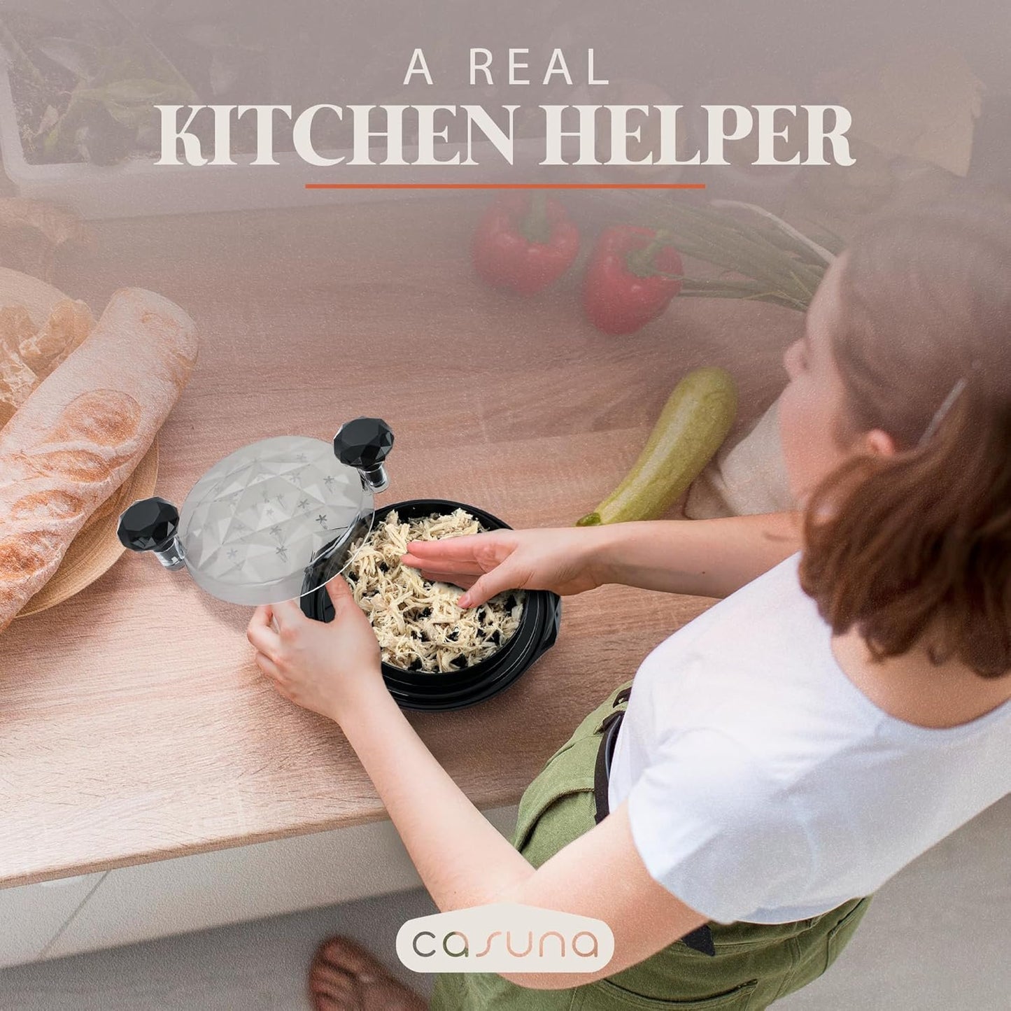 CASUNA Chicken Shredder Tool Twist - Large Meat Shredder Kit with Fork, Clip, Brush - BPA-Free, Anti-Slip Base, Dishwasher-Safe, Ergonomic Handle for Easy Meal Prep