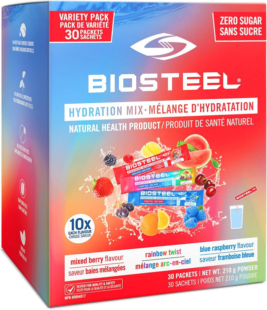 BIOSTEEL Zero Sugar Sports Hydration Mix Variety - Mixed Berry, Rainbow Twist & Blue Raspberry Flavours, 30 Packets