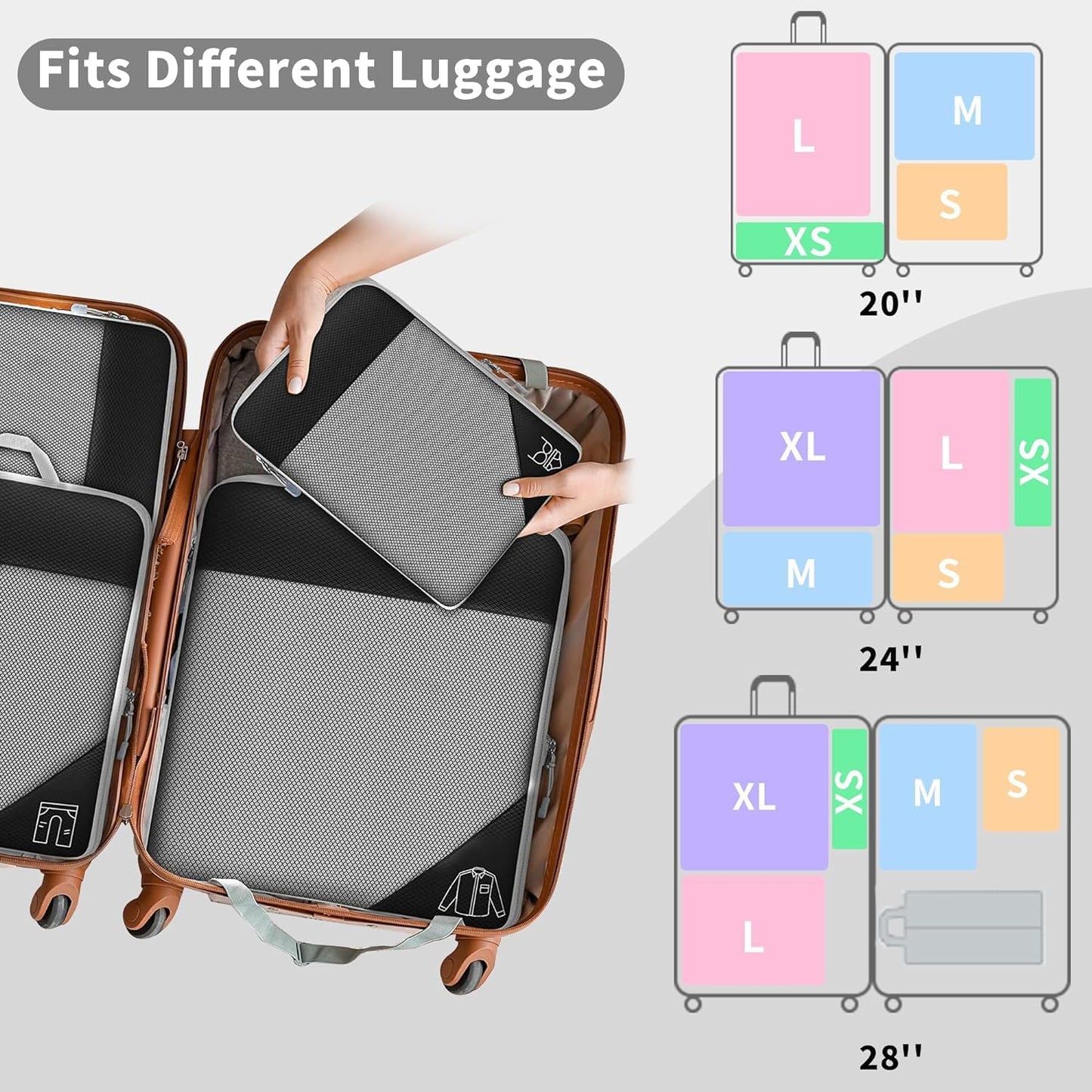 SINZUX 6 PCS Compression Packing Cubes, Black Extensible Ultralight Packing Cubes for Suitcases, Suitcase Organiser Bags Set, Travel Cubes Organiser Bags Packing Cubes for Suitcases Backpack Luggage