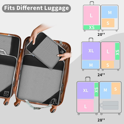 SINZUX 6 PCS Compression Packing Cubes, Black Extensible Ultralight Packing Cubes for Suitcases, Suitcase Organiser Bags Set, Travel Cubes Organiser Bags Packing Cubes for Suitcases Backpack Luggage