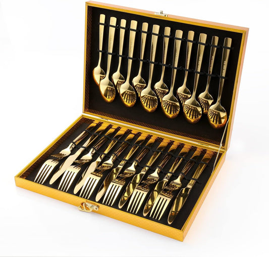 Gold Silverware Set, OGORI 30-Piece Stainless Steel Gold Flatware Set with Square Handle, Mirror Polished Cutlery Utensils Set Include Knife/Fork/Spoon Service for 6, Dishwasher Safe