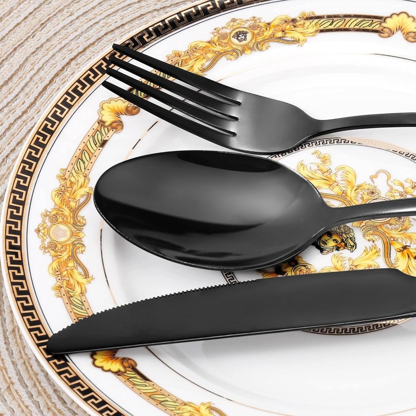 Black Cutlery Set, 30 Piece Stainless Steel Dinnerware Set, Flatware Set Service for 6, Silverware Utensil Set with Knife, Fork, Spoon, Dessertspoon, Use for Home, Restaurant and Gift with Gift Box