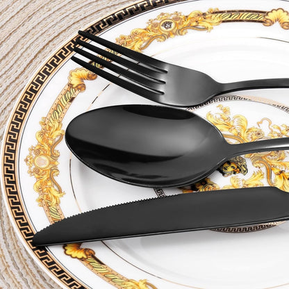 Black Cutlery Set, 30 Piece Stainless Steel Dinnerware Set, Flatware Set Service for 6, Silverware Utensil Set with Knife, Fork, Spoon, Dessertspoon, Use for Home, Restaurant and Gift with Gift Box