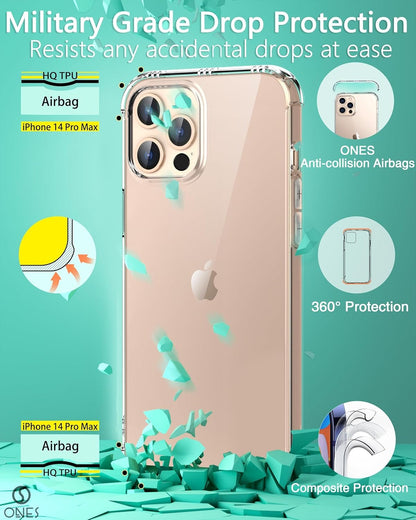 ONES iPhone 14 Pro Max HD Clear Case『 Military Protection Shockproof Airbags 』『 Speaker Resonance 』〔 Screen & Lens Guard 〕〔 Anti-Slip 〕〔 Strap Hole 〕 · Sturdy Impact Absorb Anti-Yellow Silicone Cover