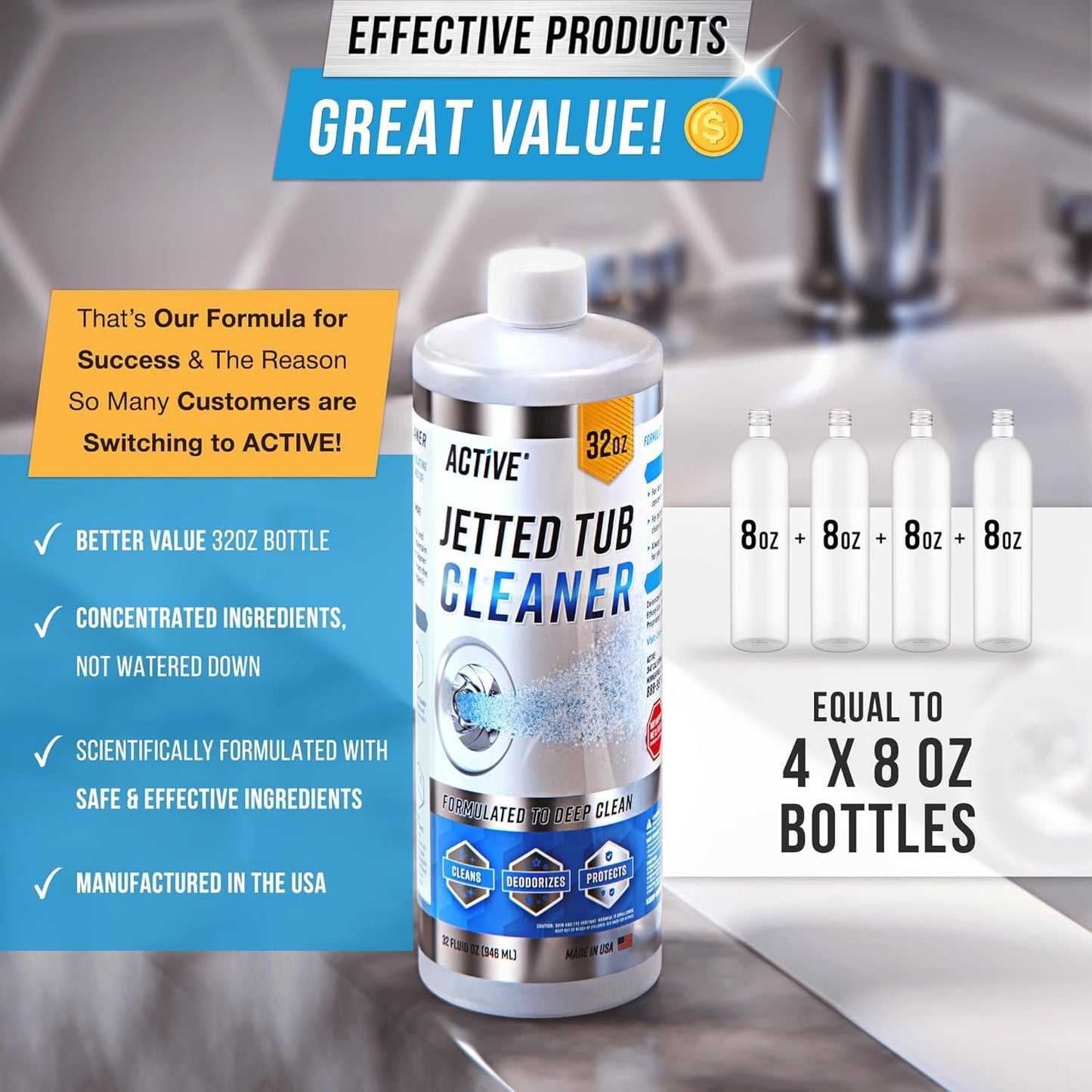 Jetted Tub Cleaner Bathtub Spa - 32oz (8 Uses) Jet Line Cleaner For Cleaning Air Tub & Spa Bath System, ACTIVE Cleaners Jets, Whirl Tubs, Professional Septic Safe Solution - Made in USA