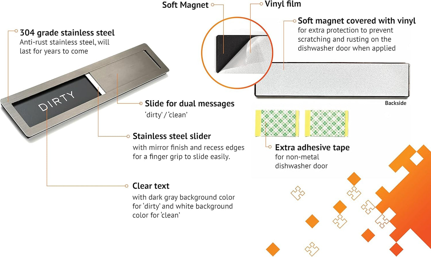 Dishwasher Magnet Clean Dirty Sign, Kubik Letters Premium Stainless Steel Grade 304, Kitchen Organizers and Storage Decor Accessories, Extra Adhesive Tapes Included.