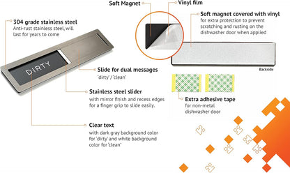 Dishwasher Magnet Clean Dirty Sign, Kubik Letters Premium Stainless Steel Grade 304, Kitchen Organizers and Storage Decor Accessories, Extra Adhesive Tapes Included.