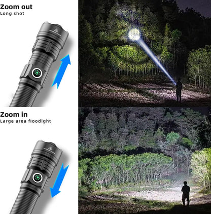 haixnfire Outdoor Camping Tactical Flashlight Type-C USB Rechargeable 6000 lumens 3 Light Mode Telescopic Zoom LED Guide Light Pressure Switch Picatinny Rial Flashlight