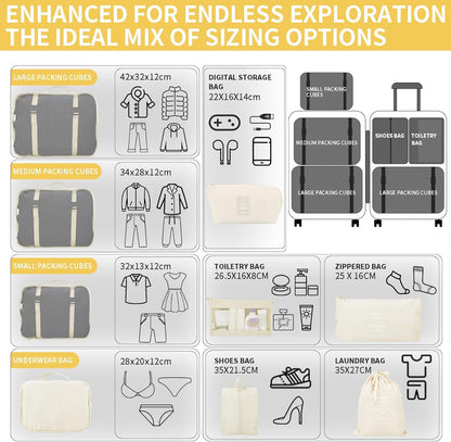 Neween 9PCS Packing Cubes for Suitcases, Travel Luggage Packing Organisers with Shoe Bag & Cosmetic Bag, Waterproof Travel Essential Cube Accessories Clothes Toiletries Storage Pouch (B-Beige)
