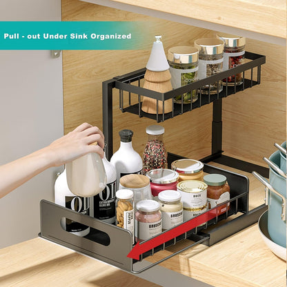 Under Sink Organizer and Storage, 2 Tier Rustproof Under Cabinet Storage, Sliding Kitchen Sink Organizer for Kitchen Bathroom