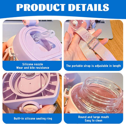 Bus Water Bottle for Kids with Silicone Straw & Seal 550ml Kids Water Bottle with Cute Tiger Driver, Compass & Adjustable Strap Portable Drinkware for School, Travel, Blue, Bus for