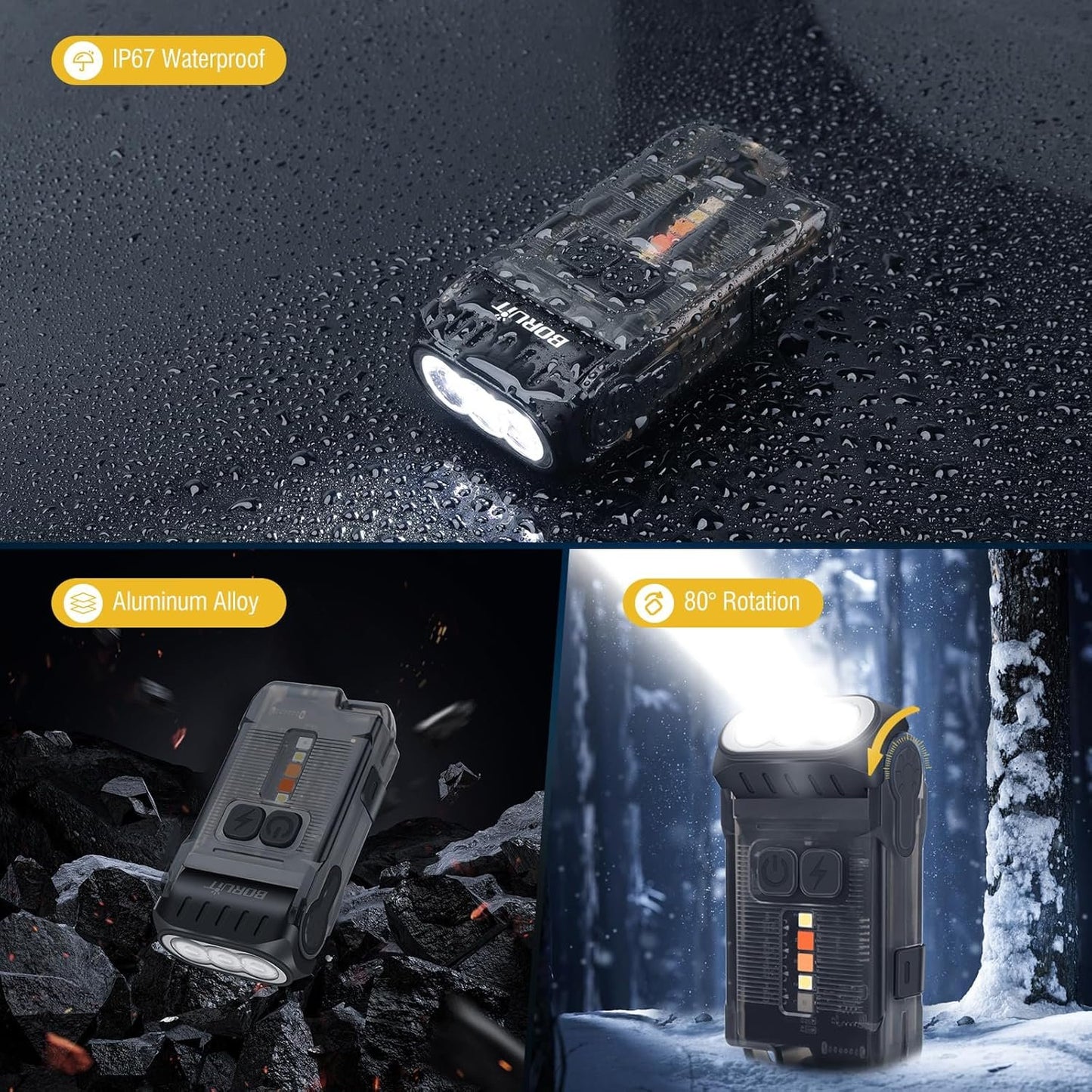 BORUiT V15 LED Small Powerful EDC Flashlight with Warm White Red Light,Bright 1200LM USB C Rechargeable 10 Modes Mini Pocket Keychain Flash Light with Clip,IP67 Waterproof,80°Head Swivels,Tail Magnet