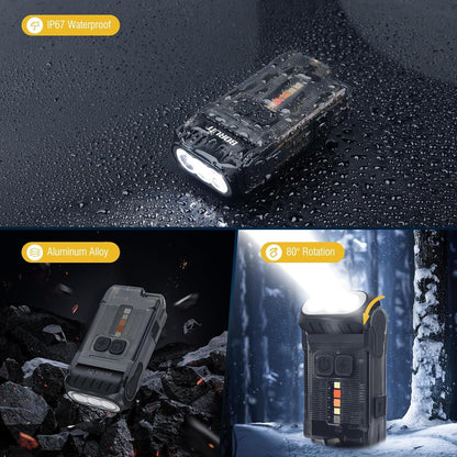 BORUiT V15 LED Small Powerful EDC Flashlight with Warm White Red Light,Bright 1200LM USB C Rechargeable 10 Modes Mini Pocket Keychain Flash Light with Clip,IP67 Waterproof,80°Head Swivels,Tail Magnet