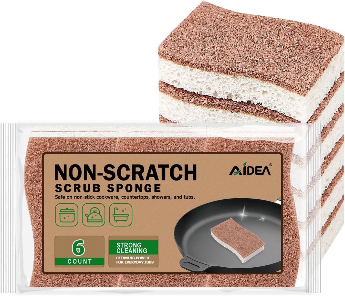 AIDEA Non-Scratch Scrub Sponges, 6-Count, Natural Cellulose Sponges for Non-Stick Cookware, Kitchen, Dishes, Bathroom, Household Cleaning