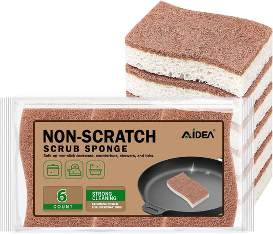 AIDEA Non-Scratch Scrub Sponges, 6-Count, Natural Cellulose Sponges for Non-Stick Cookware, Kitchen, Dishes, Bathroom, Household Cleaning