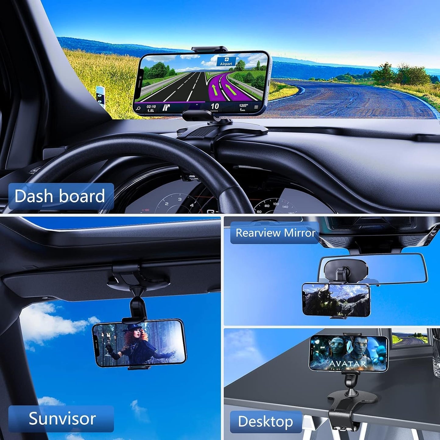 Car Phone Holder, Adjustable Mobile Phone Holder for Dashboard and Windshield, 360 Degree Rotation, Compatible with Mobile Phones from 4.0 to 7.0 Inches