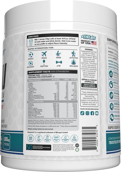 EHP Labs Hydreau Electrolytes Powder No Sugar - Hydration Powder for Endurance & Energy - Electrolyte Powder for Men & Women - Sugar Free Electrolytes - (Kiwi Strawberry, 40 Serves)