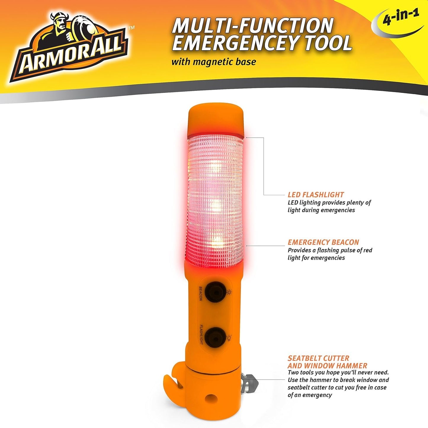 Armor All Car Emergency Tool, Escape, Safety - 4 in 1 Hammer / Window Breaker, Seatbelt Cutter, Flashlight, Beacon Light