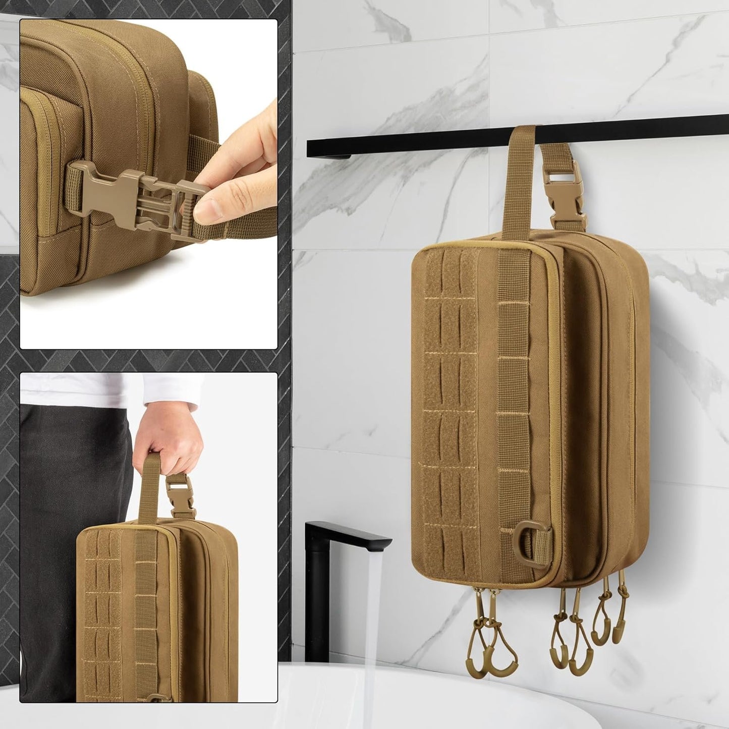 Prokva Tactical Toiletry Travel Bag for Men, Dopp Kit Shaving Organizer Case for Toiletries, Shower and Grooming Care Accessories, Khaki(Empty Bag Only, Patent Design)