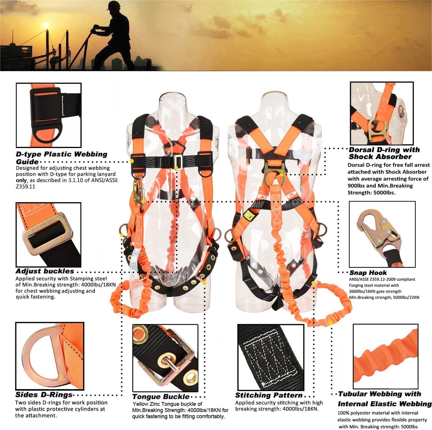 WELKFORDER 3D-Ring Fall Protection Safety Harness [3pt Adjustment＆Leg Tongue Buckles] with 6-Foot Internal Shock Absorbing Lanyard [Snap Hook End] | Permanent attached Kit | CSA Compliant
