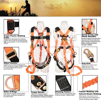 WELKFORDER 3D-Ring Fall Protection Safety Harness [3pt Adjustment＆Leg Tongue Buckles] with 6-Foot Internal Shock Absorbing Lanyard [Snap Hook End] | Permanent attached Kit | CSA Compliant