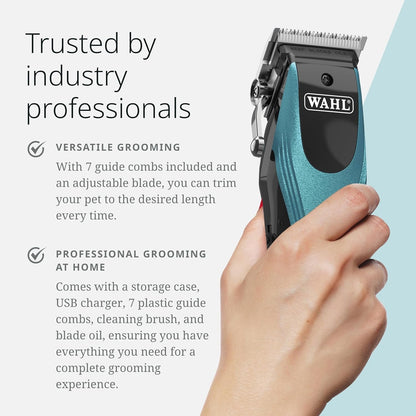 Wahl Pro Animal Groom Lite Pet Clipper - Cordless & USB Charging - Adjustable Blades - Professional Grooming Kit for Dogs, Cats & Small Pets - Black/Metallic Blue