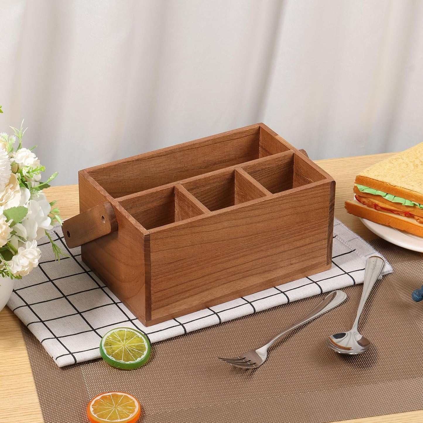 DJAPWPX Wood Silverware Caddy with Handle, 4 Compartments Utensil Holder, Kitchen Cutlery Holder, Multipurpose Organizer for Kitchen Office Bathroom Bedroom