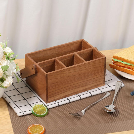 DJAPWPX Wood Silverware Caddy with Handle, 4 Compartments Utensil Holder, Kitchen Cutlery Holder, Multipurpose Organizer for Kitchen Office Bathroom Bedroom