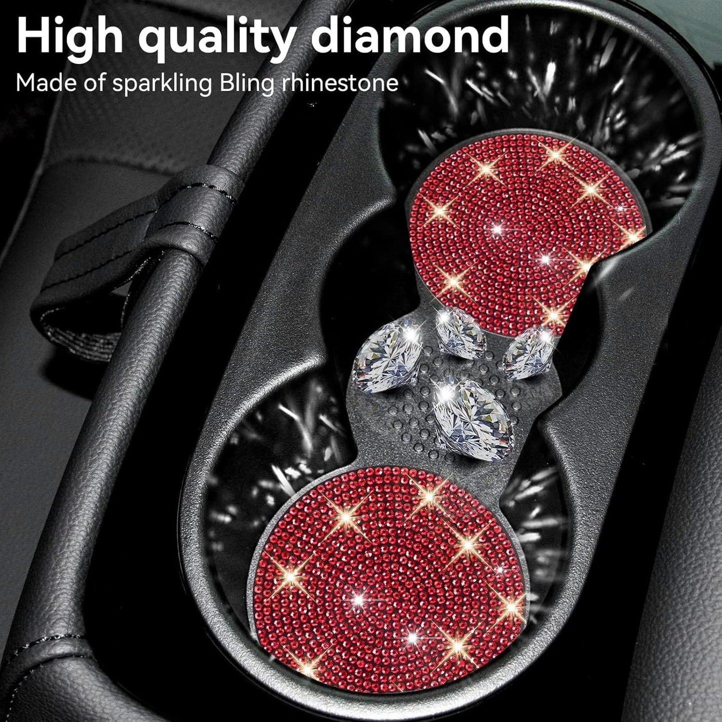 Bling Cup Holder Coasters for Car, 4PCS Universal Non-Slip Cup Holder, Embedded Decorative Coasters, Shiny Crystal Car Interior Accessories Gifts for Women (Red)