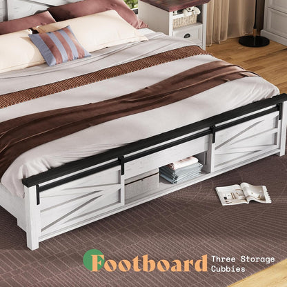 Jocisland 48.8" Farmhouse Wood Bed Frame Full Size with Sliding Barn Door Storage Cabinets and Headboard, No Box Spring Needed, Solid Wood Slats Support, No Squeak, Antique White