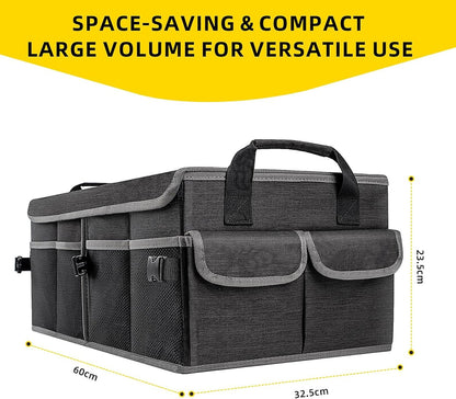 BPFY Black Collapsible Car Trunk Organizer for Suv with Lid, Large Trunk Organizer for Car with Anti Slip Velcro, Oxford Multi-Compartments Car Organizer Trunk