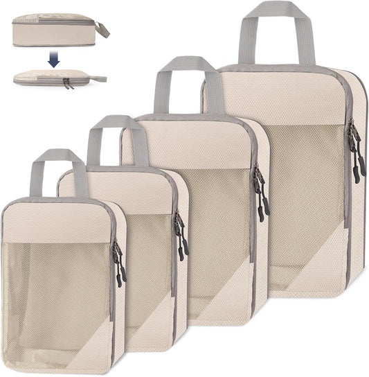 WUFANC 4 Pieces Space-Saving Suitcase Organizer, Packing Cubes Compression Waterproof and Easy to Store, Breathable with Durable Visible Mesh and Space-Saving Travel Organizer (Beige)