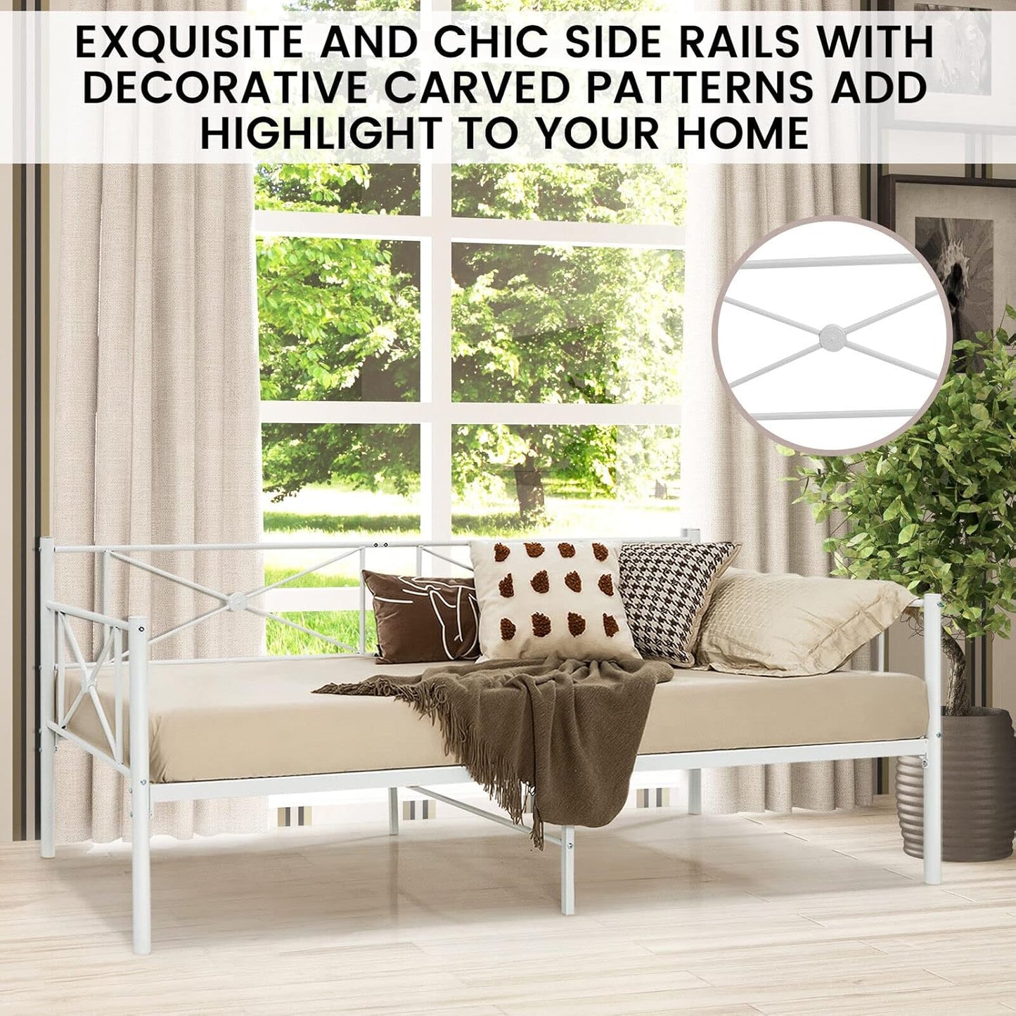 Giantex Metal Daybed Frame Single Size, Modern Single Sofa Bed, Heavy-Duty Steel Slats Support Mattress Foundation, Dual-use Platform Bed Sofa for Living Room, Guest Room, Easy Assembly, White