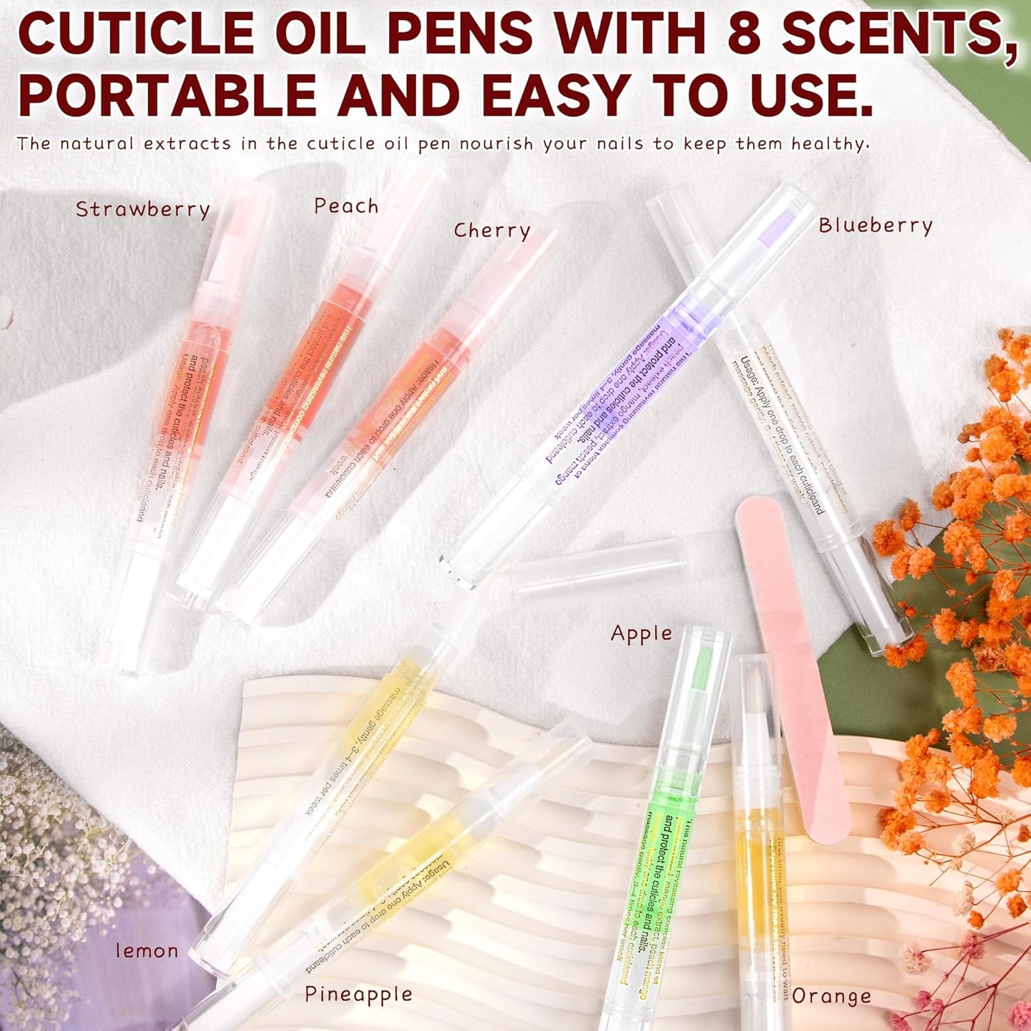 Cuticle Oil Pens - 8 PCS Revitalizing Oil Pen with Soft Brush for Nail Care, Cuticle Softener to Prevent Dry and Cracked Nails with Nail File, Mixed Scents