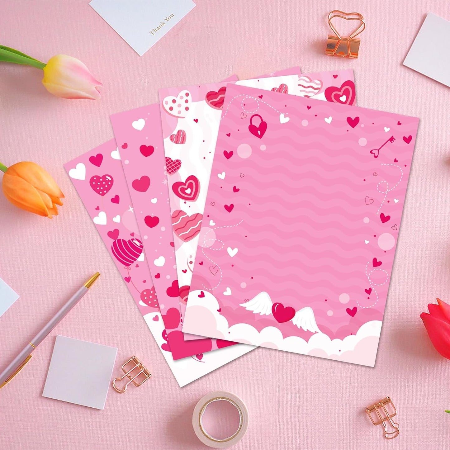 GLKTOPO 60 Sheets Valentine's Day Stationery Paper A4 Border Letterhead - Double Sided Pink Love Festival Writing Letter Paper for Notes Cards Invitation Crafts Printing Supplies - 8.5" x 11"