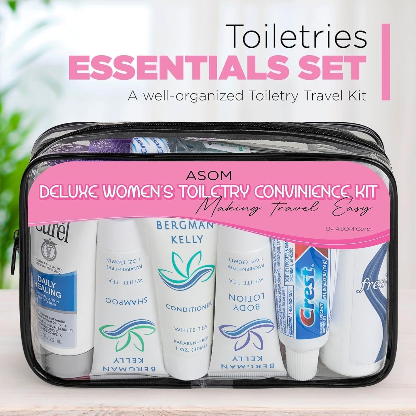 Asom Travel Toiletries Convenience Kit, Personal Care Toiletry Wellness Accessory Hygiene Essentials Set, Clear TSA Approved Traveling Unisex Toiletry Accessories Kits, 36 Pc., Clear, Handheld, Women Toiletries Convenience Kit