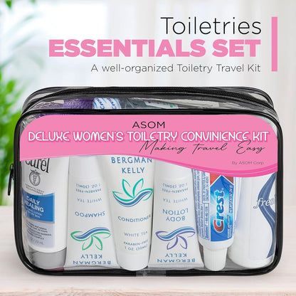 Asom Travel Toiletries Convenience Kit, Personal Care Toiletry Wellness Accessory Hygiene Essentials Set, Clear TSA Approved Traveling Unisex Toiletry Accessories Kits, 36 Pc., Clear, Handheld, Women Toiletries Convenience Kit