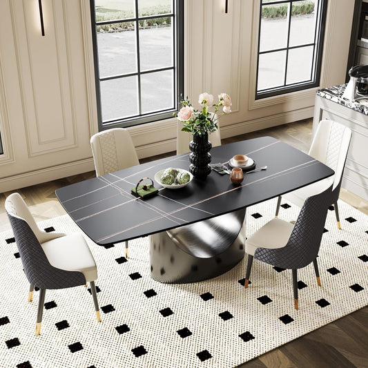 POVISON 94'' Modern Rectangular Dining Table for 8–10 – Black Sintered Stone Tabletop w/Dark Grey Carbon Steel Pedestal, Luxury Kitchen & Dining Room Table, Elegant Large-Capacity Design