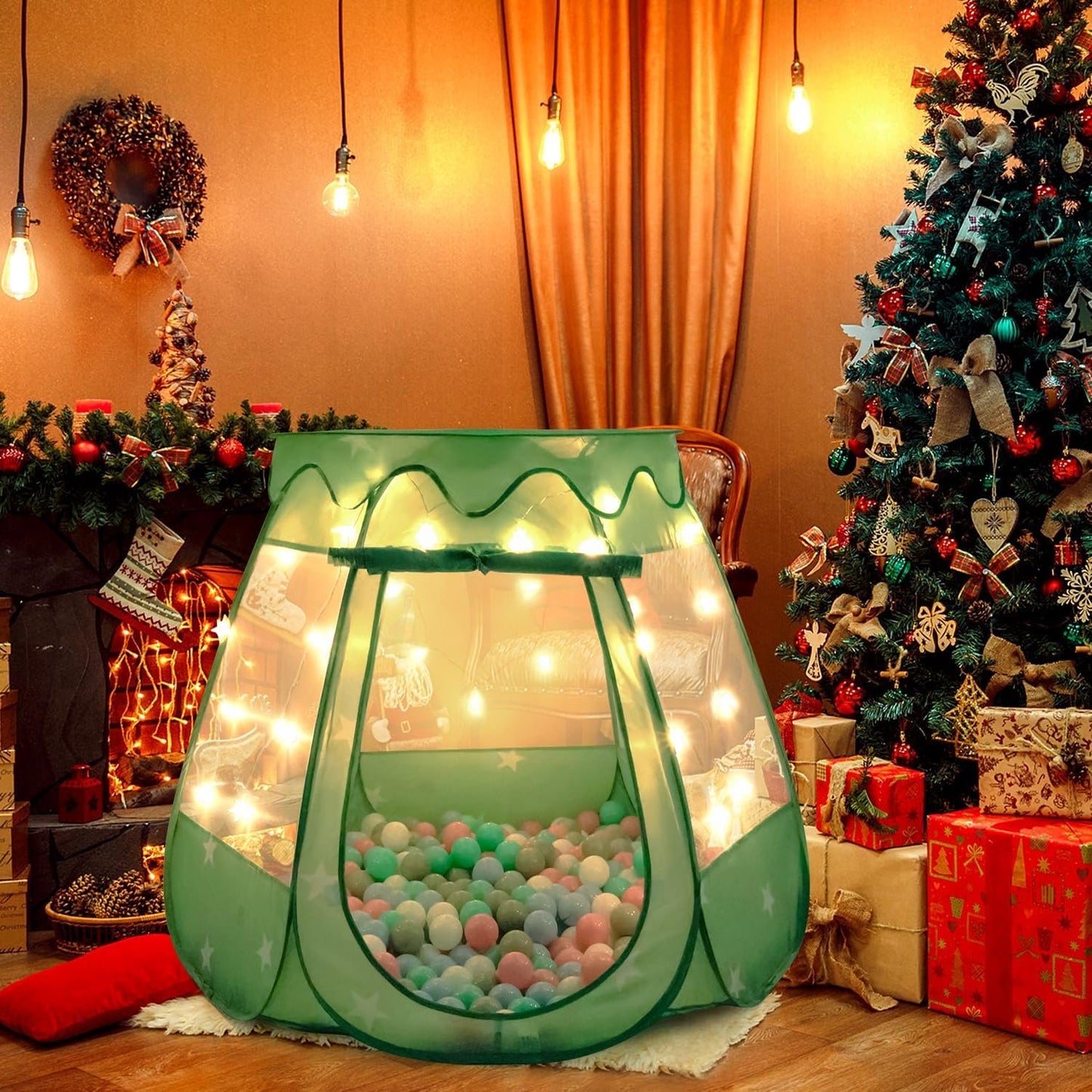 Baby Ball Pit for Toddler with 50 Balls, Pop Up Princess Tent with Star Lights for 1 2 3 Year Old Birthday Gift, 12-18 Months Baby Girl Toys with Carrying Bag, Indoor&Outdoor Play Tent for Kids(Green)