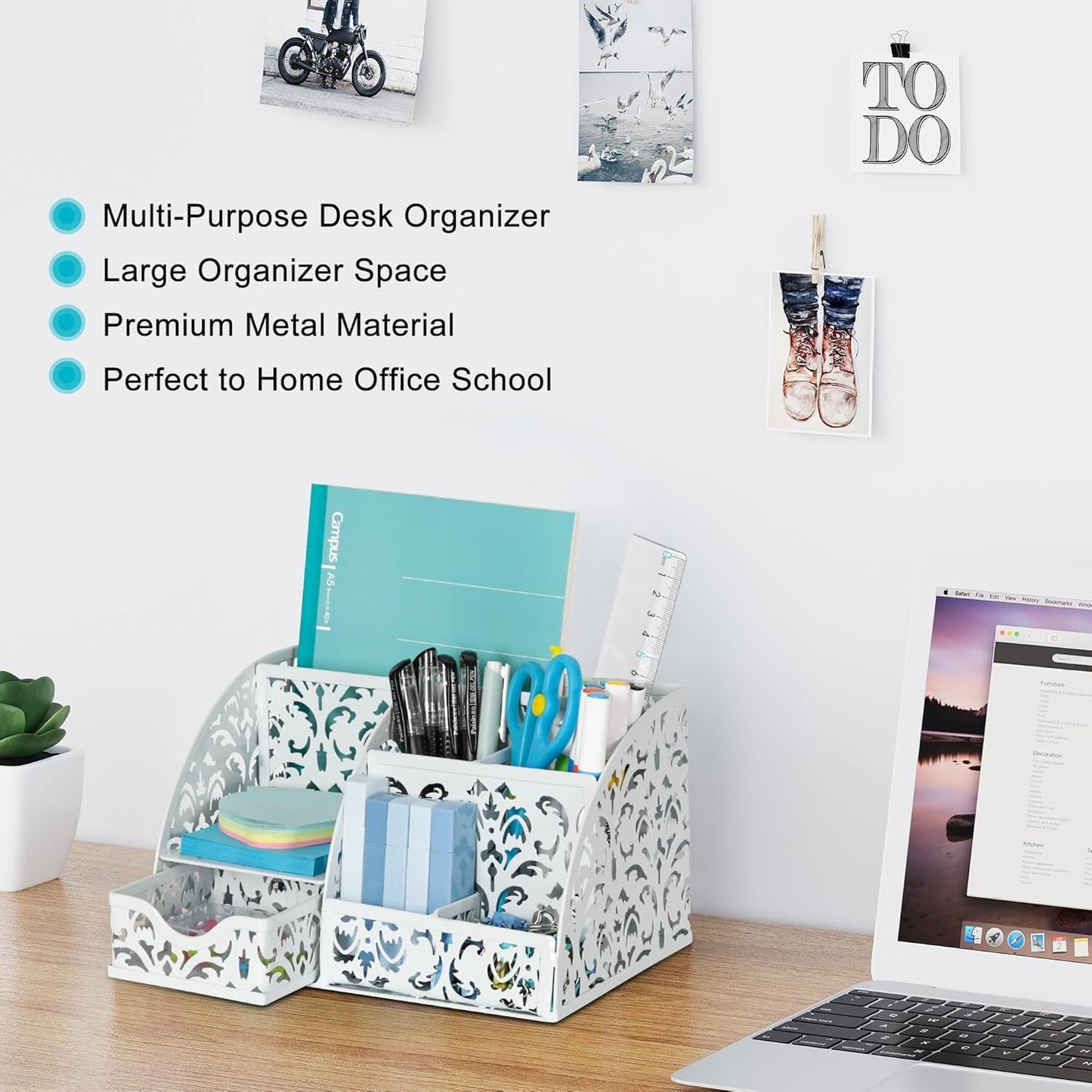 EasyPAG Desk Organizers with Drawer Office Desk Accessories Pen Holder Metal Desk Organizer with 5 Compartments 1 Drawer for Office Supplies,White