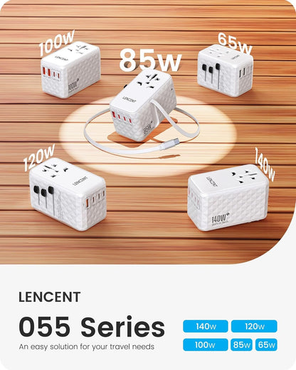 LENCENT 85W Travel Adapter with Retractable Cable, 6-in-1 International Power Adapters (3 Type C+1 USB A), GaN Fast Charging Travel Plug Adaptor for AU to US Japan EU UK Bali (Type C/G/A/I)